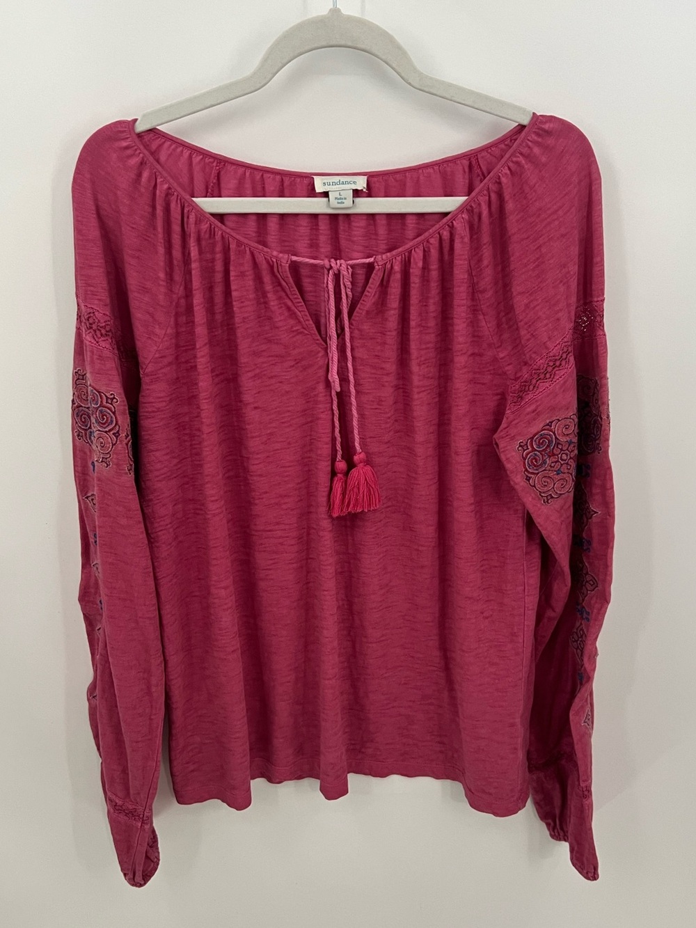Sundance Rose-Pink Embroidered Tassel Peasant Blouse